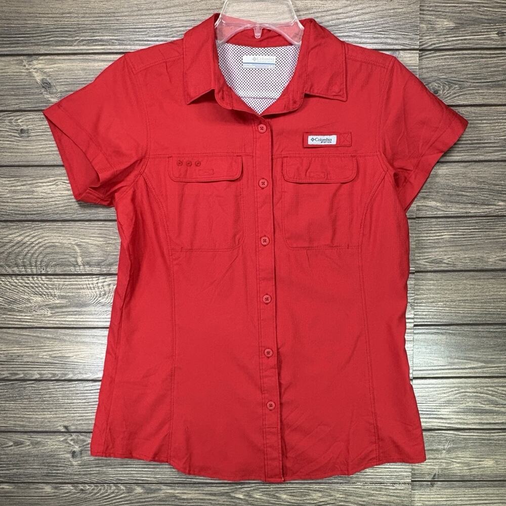 Columbia Shirt Womens Small Red PFG Tamiami Short Sleeve Fishing Snap Up 2838